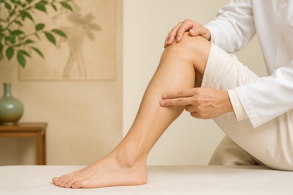 Người hành nghề chỉ vùng mặt ngoài cẳng chân liên quan huyệt Dương Phụ GB38