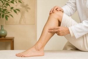 Người hành nghề chỉ vùng mặt ngoài cẳng chân liên quan huyệt Dương Phụ GB38